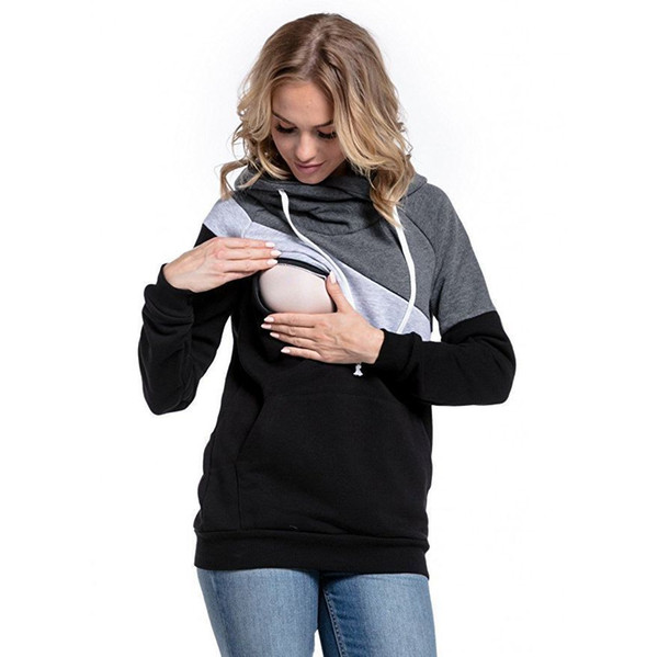 Plus Size Pregnancy Nursing Long Sleeves Maternity Clothes Hooded Breastfeeding Tops Patchwork T-shirt For Pregnant Women Q190530