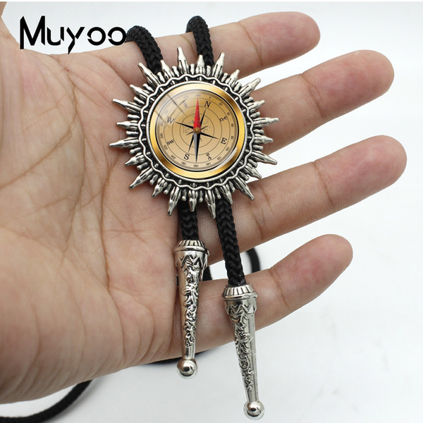 New Fashion Vintage Style Compass Patterns Glass Cabochon Silver Bolo Ties Western Hand Craft Slide Neckties Metal Tie 5.0