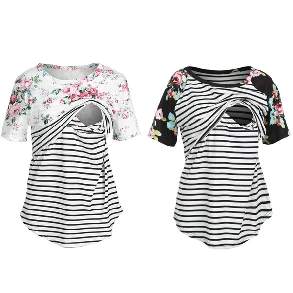 Summer Women Maternity Breastfeeding Nursing Striped Short Sleeve Floral T-shirt Pregnancy Clothes Women Casual Tee Tops