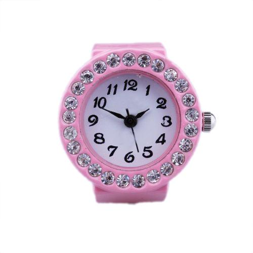 Wholesale- EAS-Girl Pink Alloy Quartz Pocket Finger Ring Watch Rhinestone Round Dial