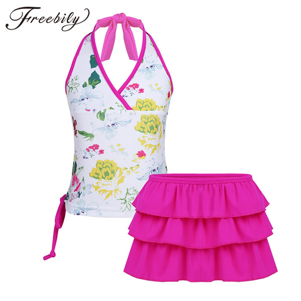 Kids Girls Floral Printed Two-Piece Swimming Suits Adjustable Halter Top Tankini Swimwear Swimsuit Set