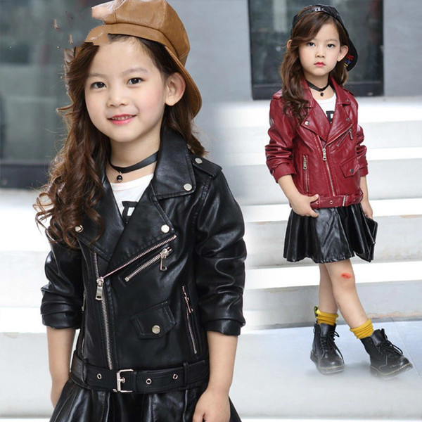 New Autumn Children's Garment Girl Pu Leather Clothing Short Belt Buckle Solid Color Jacket Loose Coat Children Kids Clothes