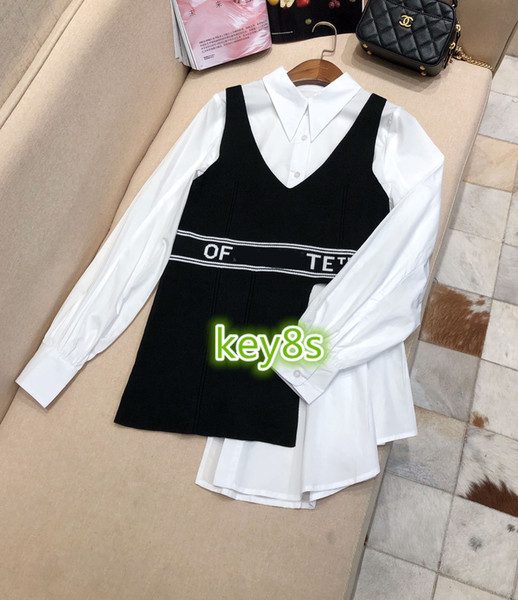High end womens Ladies Shirts Long sleeve Solid color lapel tops with Irregular Letter Knit Tank Fashion Womens Slim Fit Casual Two-piece