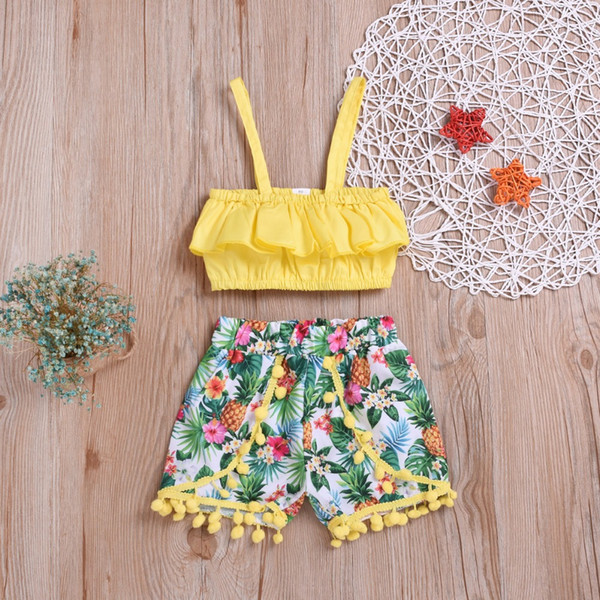 Kids Toddler Girl Outfit Clothing Ruffled Tank Top + Floral Ball Tassels Pants Girls Clothing Sets 2019 Summer Kids Clothes