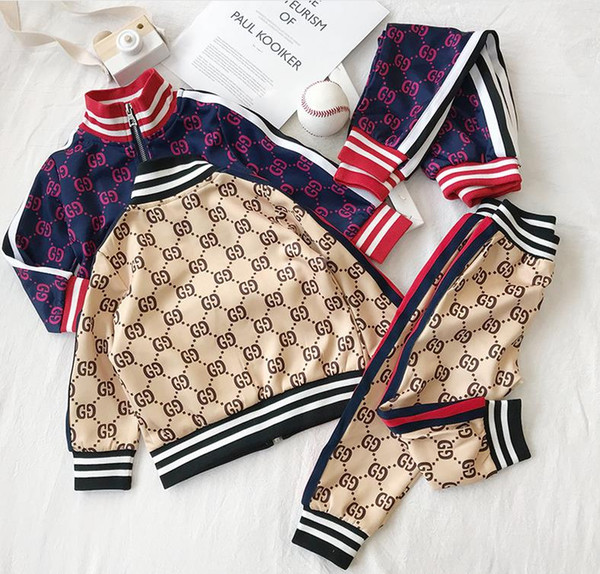 2019 Casual brand sportswear baby and baby clothes fashion contrast color two-piece letter cardigan jacket baby suit wholesale