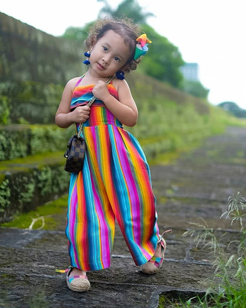 Newborn Baby Girls clothes backless bow Ruffle sleeveless strap Romper square collar Rainbow print kids Jumpsuit one pieces