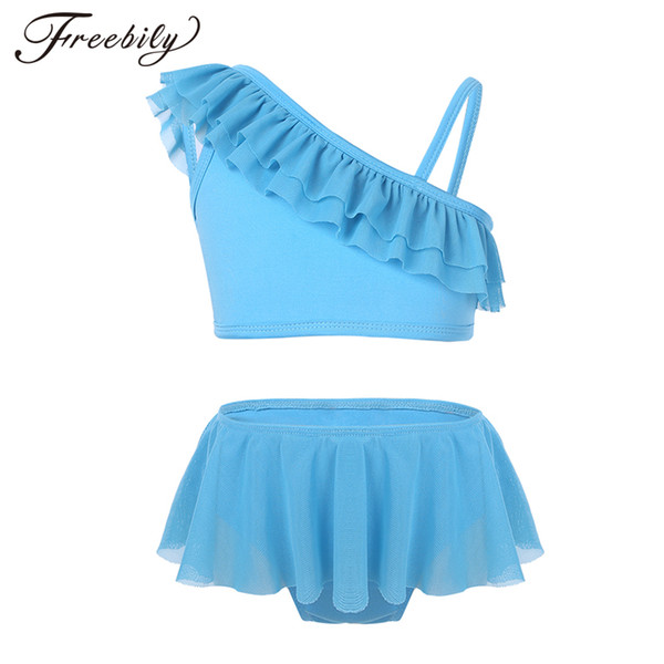 Kids Girls Tankini Ruffled One-shoulder Swimsuit Swimwear Bathing Suit Tops with Bottoms Bikini Two-Piece Set Swimming Suits