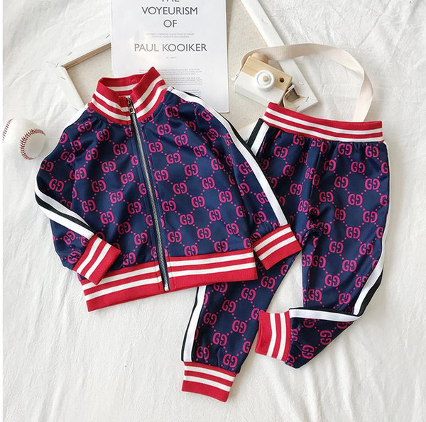 2019 Casual brand sportswear baby and baby clothes fashion contrast color two-piece letter cardigan jacket baby suit wholesale 2T--8T