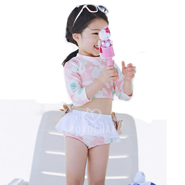 Cute Two Piece Swimsuit for girls Long Sleeve Swimwear kid Skirt Tankini Bikini Set Crop Top beachwear Surf Diving Swimming Suit