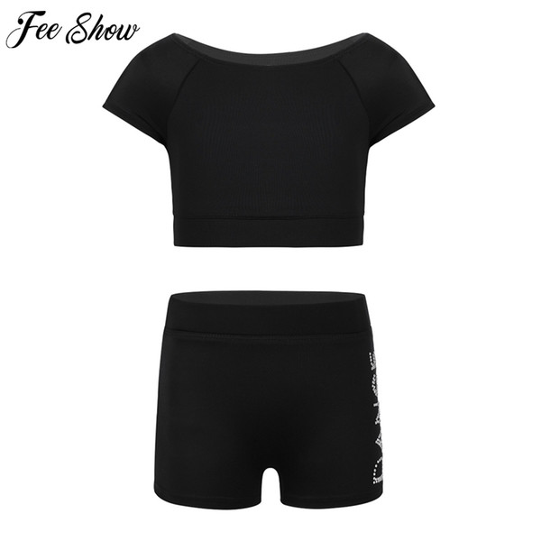 Girls Black Short Sleeve Tankini Crop Top Shorts Set Child Ballet Dance Sports Workout Gymnastics Suits Kids Dance Wear