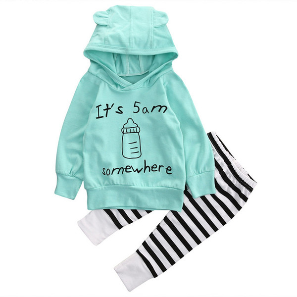 Autumn Warm Newborn Baby Girl Boys Clothes Long Sleeve Hoodie Tops + Striped Legging Pants Outfits Clothing Set