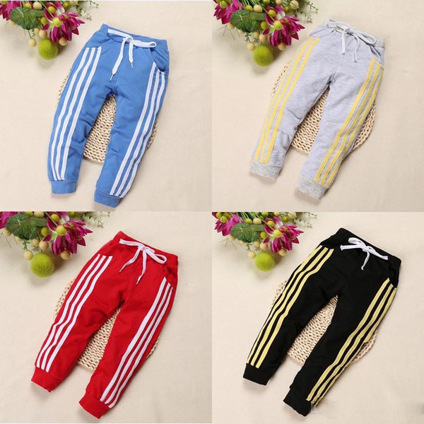 Spring three bar brace stripe children sports pants boy girl pants 4 color Casual sport trousers For Birthday Gifts