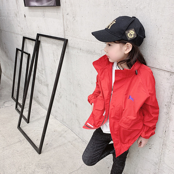 Spring and summer new products boys and girls cool red windbreaker jacket with cap casual sunscreen