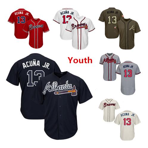 Youth Kids Child Atlanta Braves Baseball Jerseys 13 Ronald Acuna Jr Jersey White Navy Blue Cream Red Gray Grey Green Salute