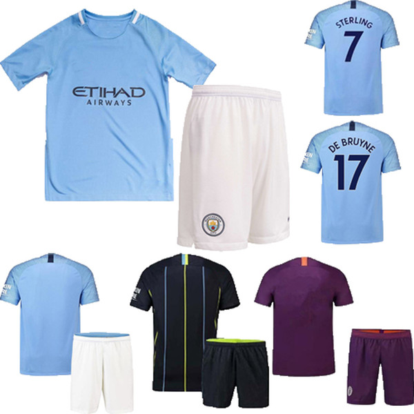 18 19 Manchester City Kids Soccer Jersey KUN.AGUERO G.JESUS KOMPANY STERLING DE.BRUYNE BERNARDO SANE Kids Kits Football Shirts Uniform