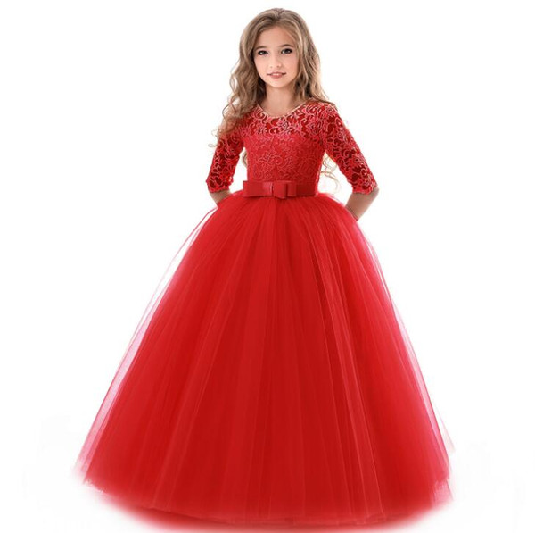 Girls' Ball Gown Double Lace Long-Sleeved Flower Girl Wedding Birthday Party Long Party Dress Dresses Kids