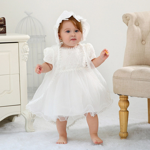 Baby Girls Baptism Dresses with Hat Lace Short Sleeve Newborn Christening Gown Christening Dresses Girls Princess Dress Wedding Dress 0-18M