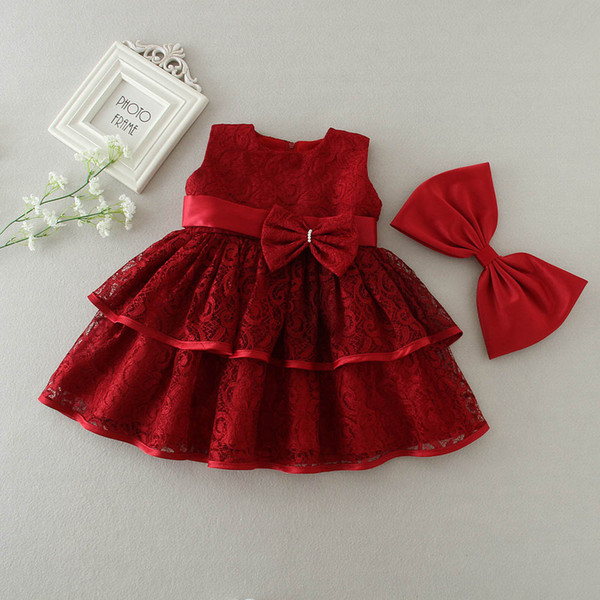 3 to 24 months baby Girls bow lace Christening dresses, summer white/red kids clothes, children holiday boutique clothing, 5AM710DS-02