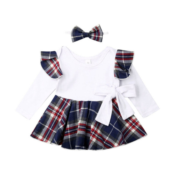 Christmas Newborn Baby Girl Romper Dress Clothes Long Sleeve Plaids Print Bowknot Romper Dress Xmas Outfits