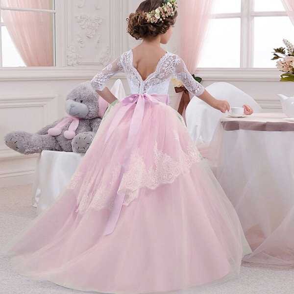 Backless Elegant Girl Dress For Weddings Girls Evening Long Lace Dresses Communion 2019 Pink Princess Pageant Party Dresses 6 14Y