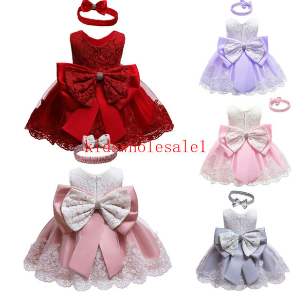 New Baby Princess Girls Dress Headband 6 Colors Sleeveless Lace Bow Flowers Dress Wedding Party Kids Clothes 0-24M