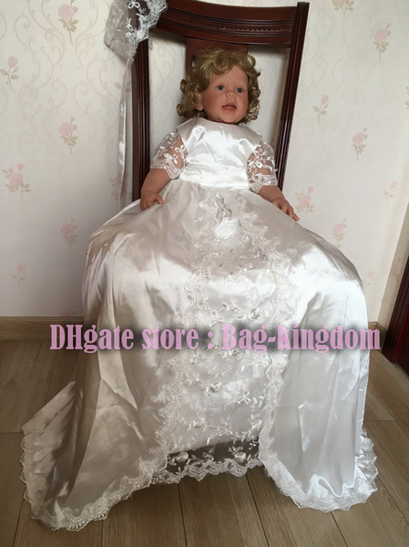 Decent Christening Baptism Gown with flying ivory white silk lace and sash button back by Bag-kingdom