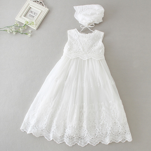 Lovely Lace Extended Baby Girls Newborn Sleeveless Christening Dress Satin Christening Baptism Floral Embroidered Dress Gown Outfit