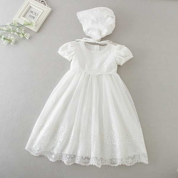 Newborn Girl Dress Set Hollow Printed Solid Back Bow Strap Christening Gown Kids Designer Clothes Baby Outfits with White Hat 0-24M