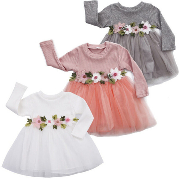 Cute Newborn Toddler Infant Baby Girls Dress Flower Long Sleeve A-line Tulle Dresses Wedding Party Princess Dress