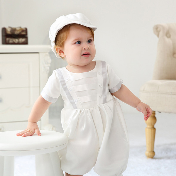 Newborn Boys Short Set Round Neck Short Sleeve Solid Back Button Christening Gown Kids Designer Clothes Baby Outfits with White Hat 0-24M