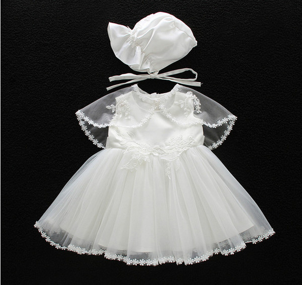 0-2yr Newborn baby Baptism sleeveless summer lace veil Dress 3pcs/set kids Girl party Infant Princess wedding dresses wrap baby clothing