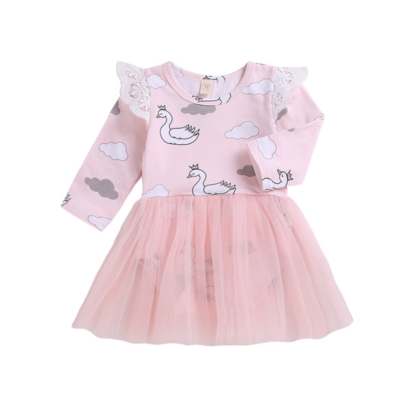 Hot Lovely Toddler Baby Girl dress Cloud Swan Print Long Sleeve Ball Gown Mini Dress christmas dress