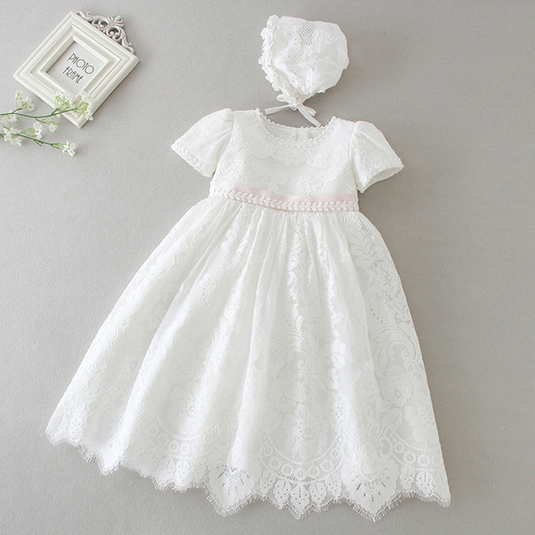 Newborn Baby Girls 0-24M Dress Hollow Lace Solid Back Strap Christening Gown Kids Designer Clothes Baby Outfits with Hollow Hat