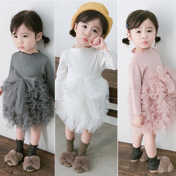 2020 baby girl dress Kids Long Sleeve Knit Sweater Princess Birthday Dress Lace Layred Tutu Dress Spring Fall Baby Girl Clothes