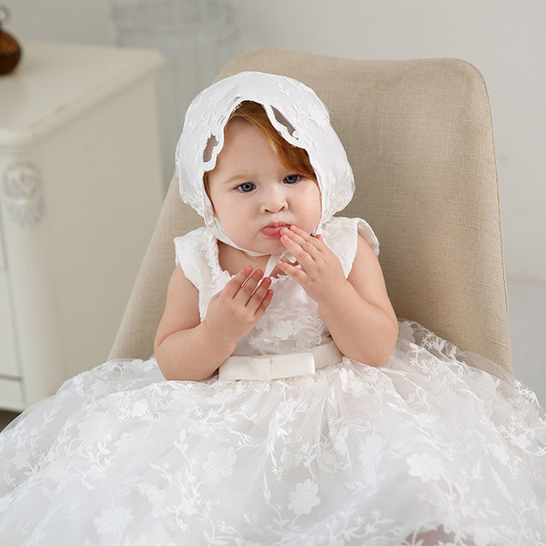 New Girls Baptism Dresses with Hat Lace Sleeveless Infant Christening Gown Christening Dresses Girls Princess Dress Wedding Dress 0-24M