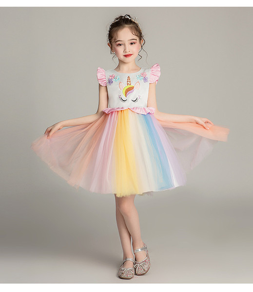 TuTu Lace Rainbow Christening Dress Appliqued Little Girls Bubble Braces Skirt Christening Baptism Floral Dress Gown Outfit Party Wedding