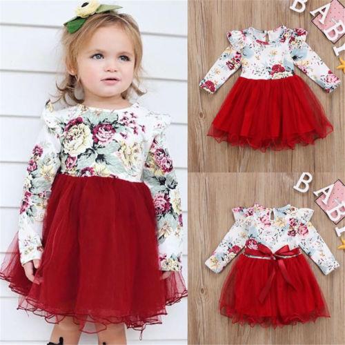 Toddler Kid Baby Girls Clothes Lace Floral Long Sleeve Tulle Tutu Cute Clothing Dress Outfits