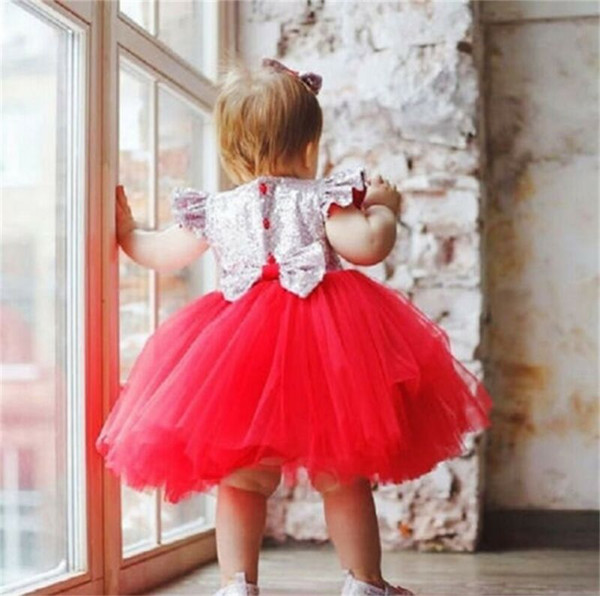 Toddler Infand Xmas Baby Girl Christmas Dress Sleeveless Princess Cute Red Bowknot Sequin Blingbling Tutu Party Dresses Clothes