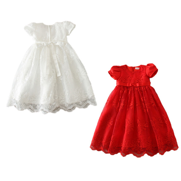 Baby Girls 0-24M Princess Dress 2 Colors Hollow Lace Solid Back Bow Strap Zipper Long Christening Gown Kids Designer Clothes Baby Outfits