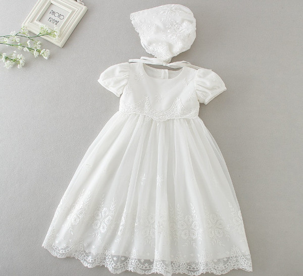 Newborn baby Baptism long Dress with hats 2018 Girls' short sleeve party Infant Princess wedding Christening dresses baby clothing