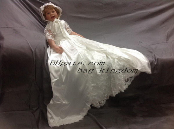 Original Vintage Christening gown ivory white silk with lace long sash and flying side skirt fit bonnet custom-made