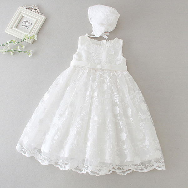 Newborn Baby Girls 0-24M Dress Hollow Sleeveless Solid Back Bow Strap Zipper Satin Christening Gown Kids Designer Outfits White Hollow Hat