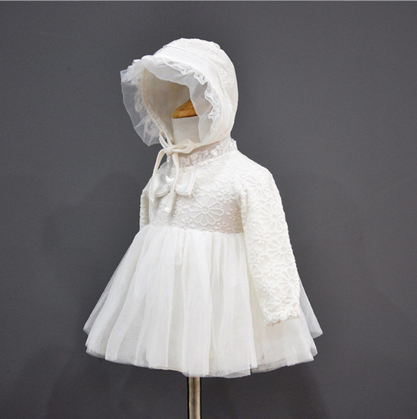 2019 Newborn baby Baptism long sleeve lace veil Dress 2pcs/set kids Girl party Infant Princess wedding dresses One-piece Dress