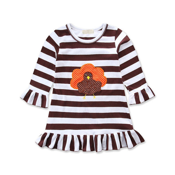 Toddler Baby Girl Thanksgiving Day Dress Turkey Print Clothes Ruffle Striped Long Sleeve Princess Dress Outfit