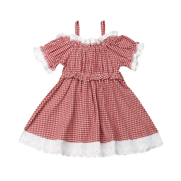 Kids Girl Plaid Dress Fashion Baby Girl Summer Short Sleeve Off Shoulder Lace Dress 2019 Children Party Pageant Dresses Sundress