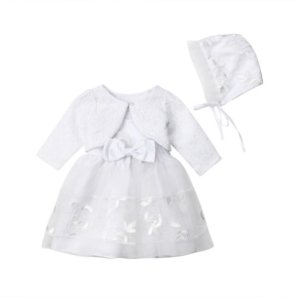 New White Lace Dress 3Pcs Princess Baby Girls Dress Coat Hat Flower Christening Wedding Party Kid Girl Birthday Sundress Clothes