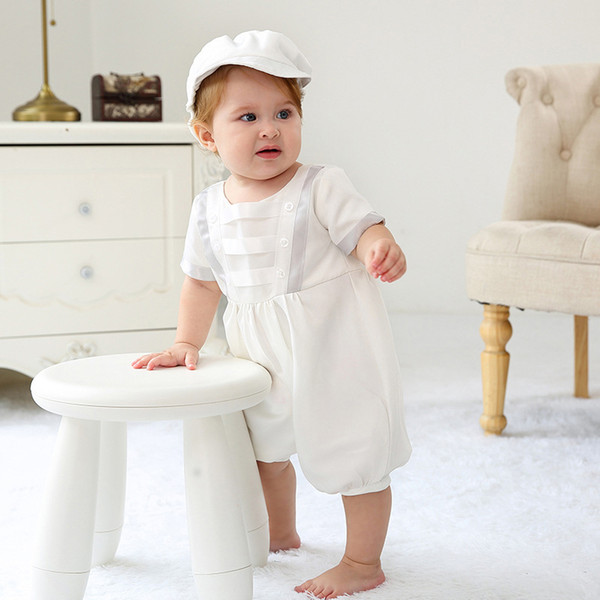 Newborn 0-24M Boys Clothing Set Round Neck Short Sleeve Solid Back Button Christening Gown Kids Designer Clothes Baby Outfits White Hat