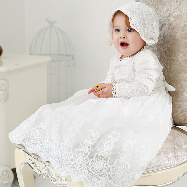 Lovely Lace Extended Baby Girls Newborn Long Sleeve Christening Dress Satin Christening Baptism Floral Embroidered Dress Gown Outfit