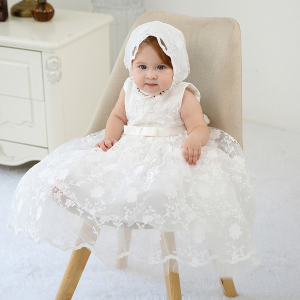 Newborn Baby Girls 0-24M Dress Set Hollow Sleeveless Solid Back Bow Strap Zipper Christening Gown Kids Designer Outfits with Hollow Hat