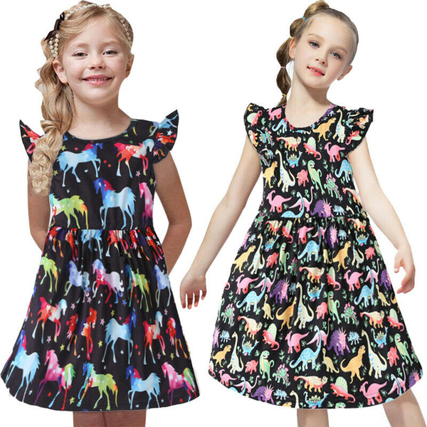 Cartoon Dinosaur Printed Lovely Baby Girls Summer Mini Dress Round Neck Kids Baby Girls Holiday Party Tutu Dresses Clothes